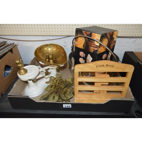 249 - Box of kitchenware, scales, etc