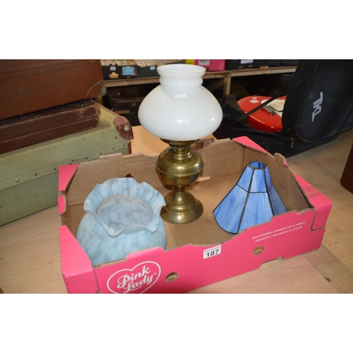 187 - Oil lamp & glass shades