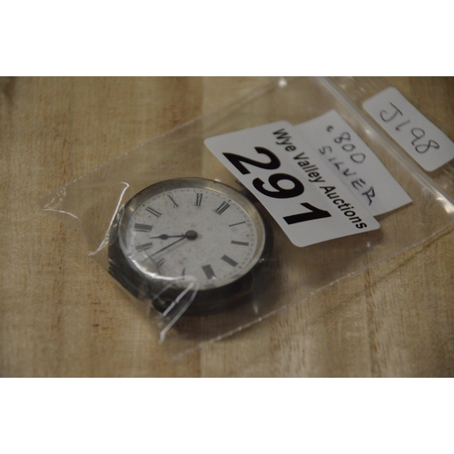 291 - Silver cased fob watch, (for repair)