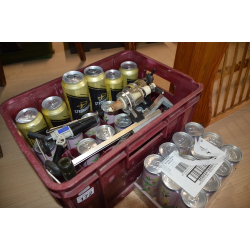 172 - Crate of bar items & sealed cans