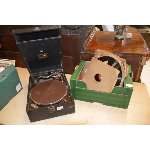 108 - HMV gramophone & qty of records