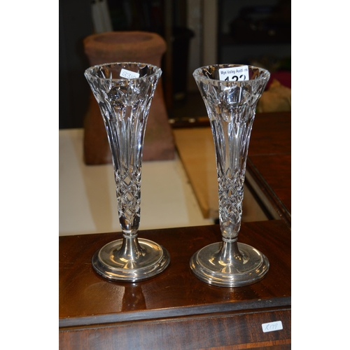 122 - Pair of crystal vases with sterling silver bases