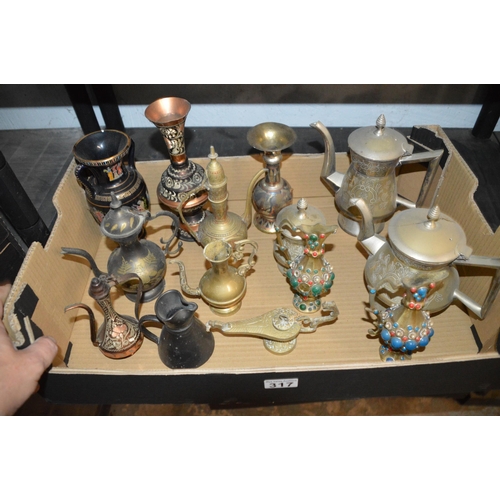 317 - Box of brass jugs etc