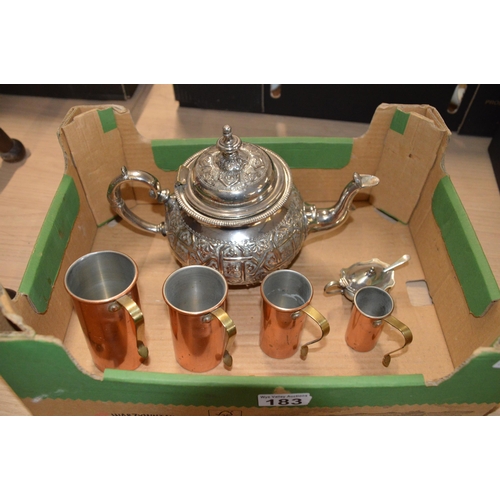 183 - Set of 4 copper measures, white metal teapot (poss silver)