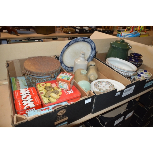 206 - 3 boxes of misc, china, stoneware, tins etc