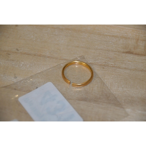 431 - 22ct gold wedding band, cut as shown, 3.5g