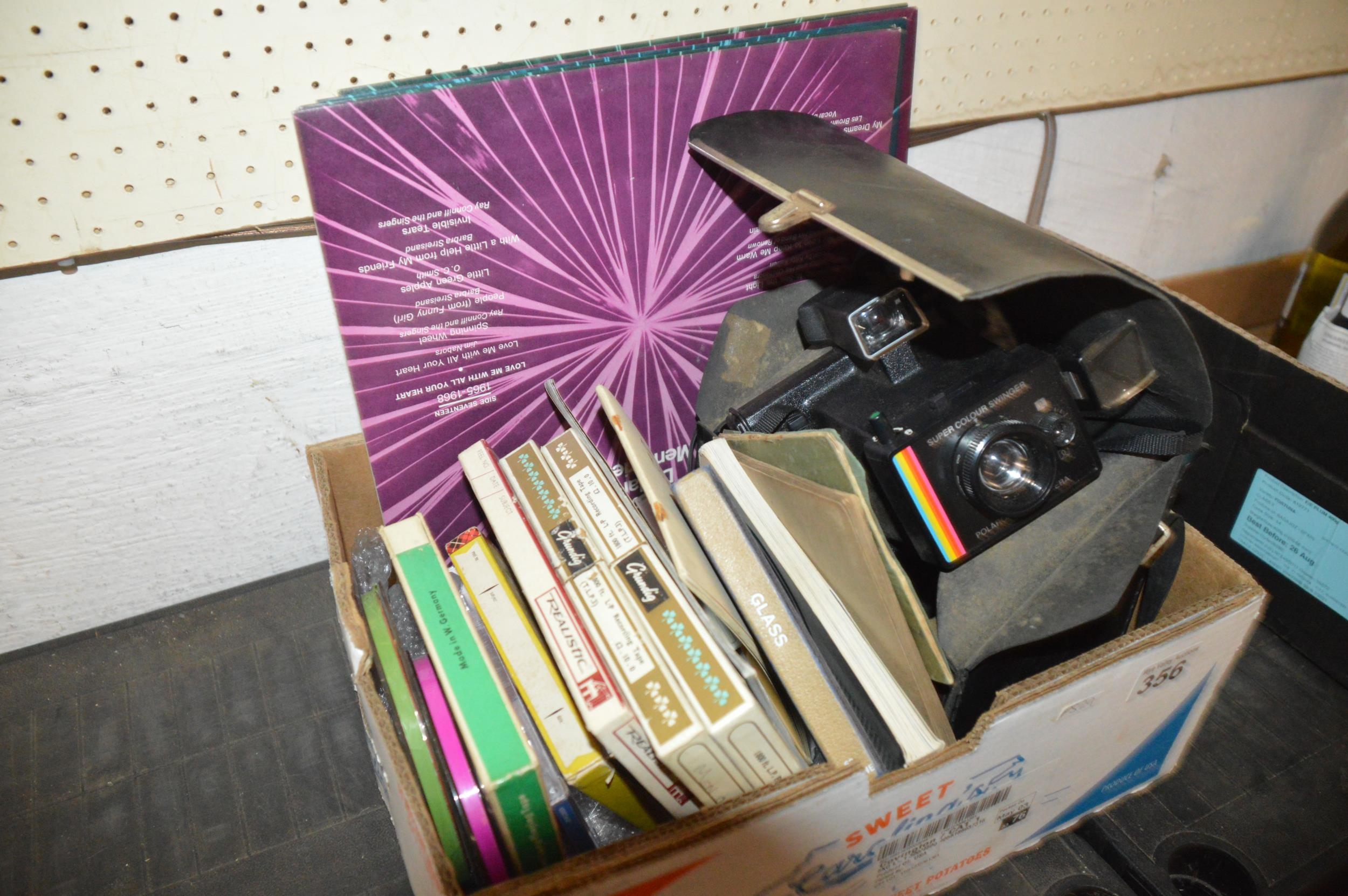 box of misc, camera, tapes, etc