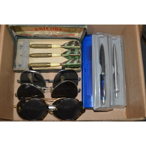 421 - box of misc, pens, glasses, darts