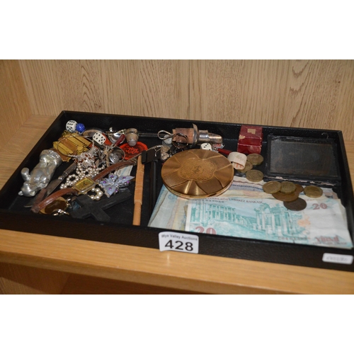 tray of misc items, coins, etc