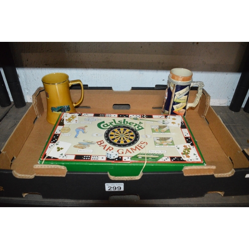 299 - boxed Carlsberg game & 2 beersteins