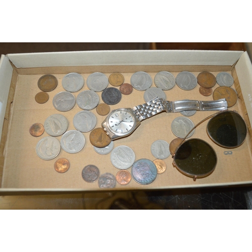 339 - box of misc, coins, Tissot watch etc