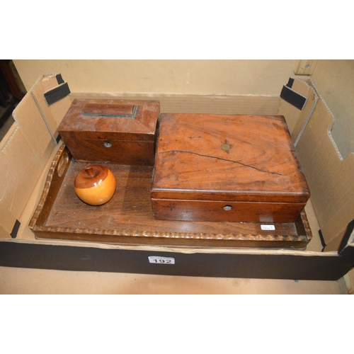 192 - wooden tray, boxes, etc