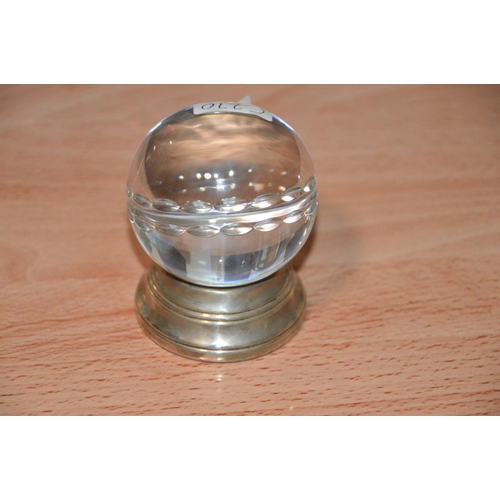 414 - glass crystal cricket ball on silver stand