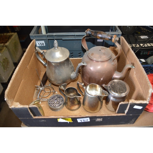 157 - box of metal tea pots, jugs etc.