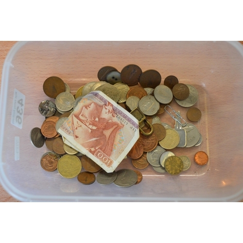 436 - tub of coins & bank note