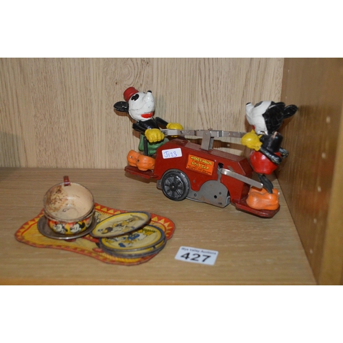 428 - vintage tin mickey mouse hand car etc.