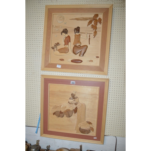 355 - 2 framed wooden carvings