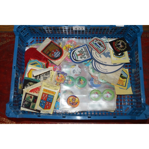 433 - crate of tazos, patches etc.