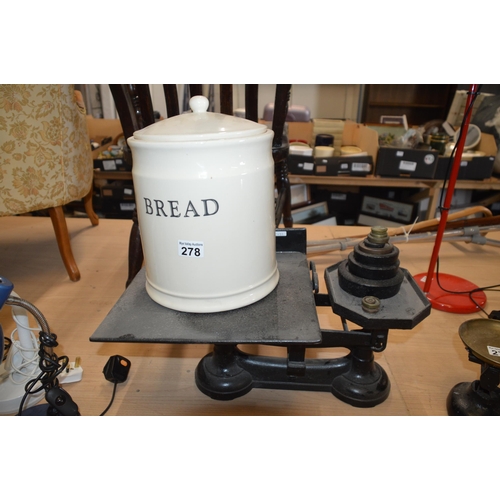 278 - bread jar & scales/weights