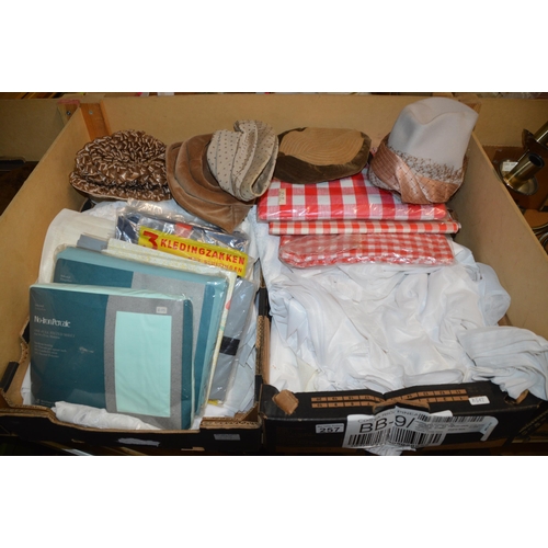 257 - 2 boxes of cloths, vintage hats etc.