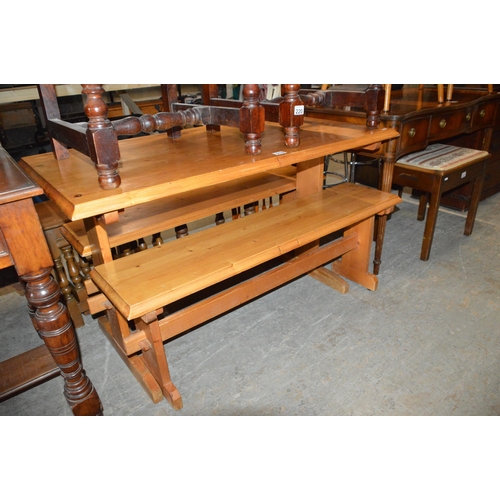 219 - pine table & 2 benches