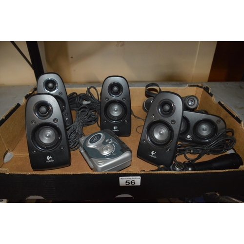 56 - box of logitech computer speakers etc.