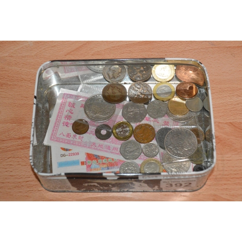 392 - tin of coins & bank notes