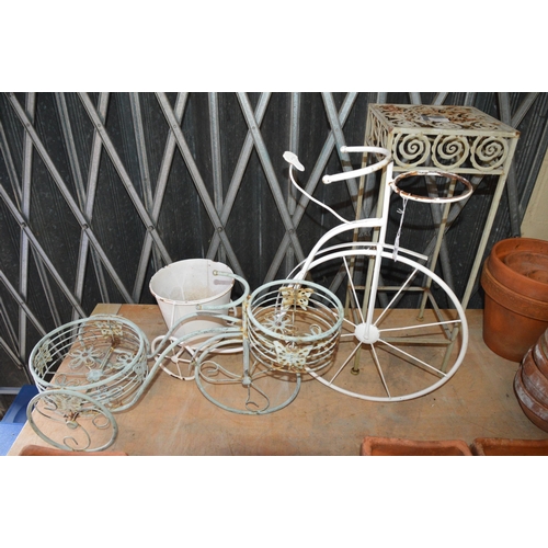 138 - 2 metal bicycle flower pots & metal stand