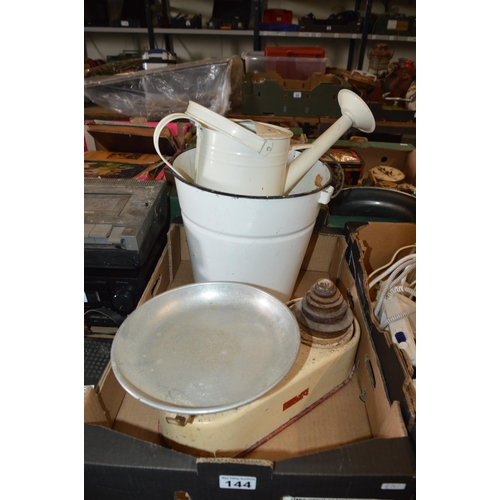 144 - vintage scales, bucket & watering can