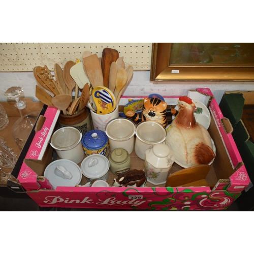 329 - box of kitchen jars & utensils