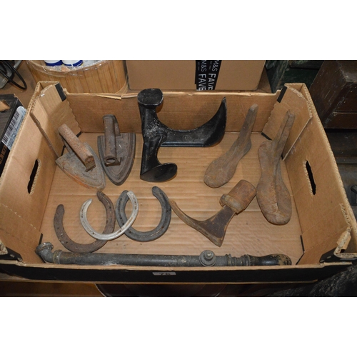 76 - box of cobblers last, horseshoes & irons