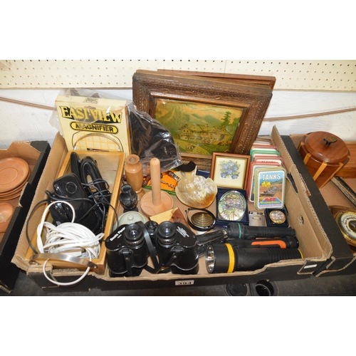 394 - box of various items, binoculars, torches etc.