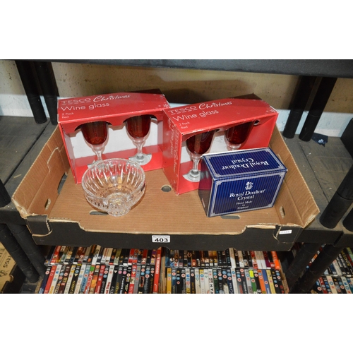 403 - box of wine glasses & royal doulton crystal