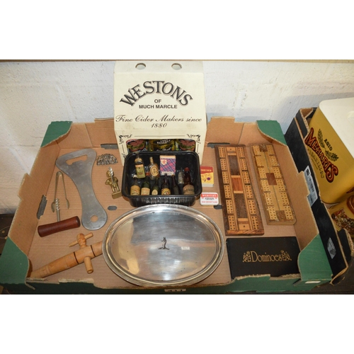 411 - box of alcohol items & domino sets