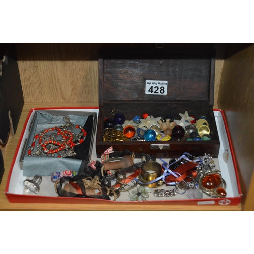 428 - tray of jewellery & wooden box