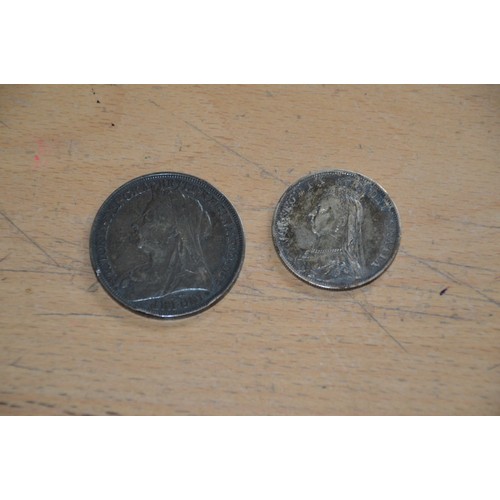 482 - 2 Victoria coins, 1898 crown, 1887 half crown?