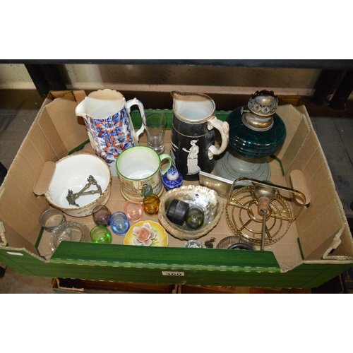 360 - box of jugs, oil lamp etc.