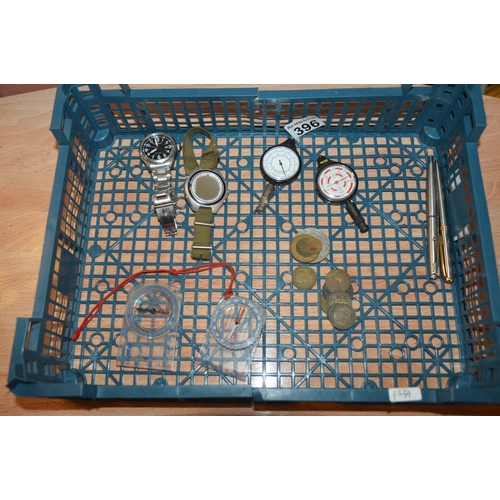 396 - crate of compasses, coins etc.