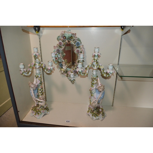 420 - pair of 19thC German porcelain candelabras & matching mirror