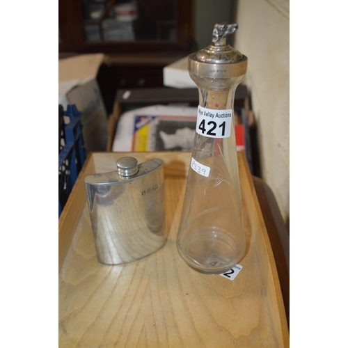 421 - decanter with silver trim & pewter flask