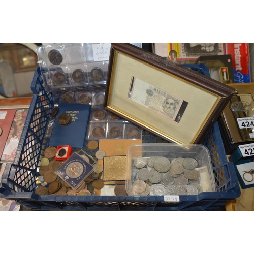 427 - mixed crate of coins & framed note