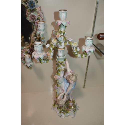 420 - pair of 19thC German porcelain candelabras & matching mirror