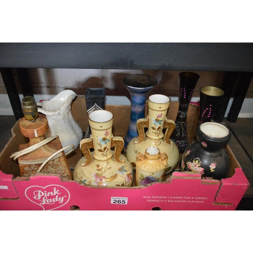 265 - box of jugs/decanters & lamp