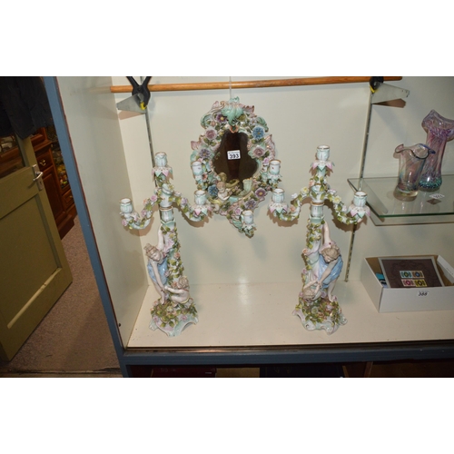 pair of 19thC German porcelain candelabras & matching mirror