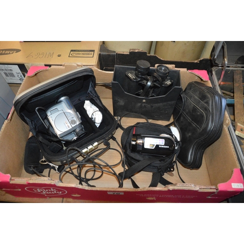 70 - box of video cameras & binoculars