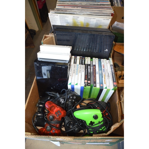 147 - box of games consoles, games & controllers, ps4, wii etc.