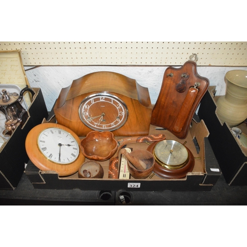 324 - box of wooden items, clocks etc.