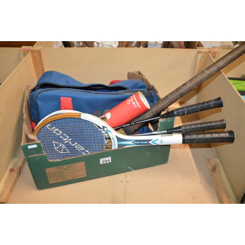 294 - box of sports rackets etc.