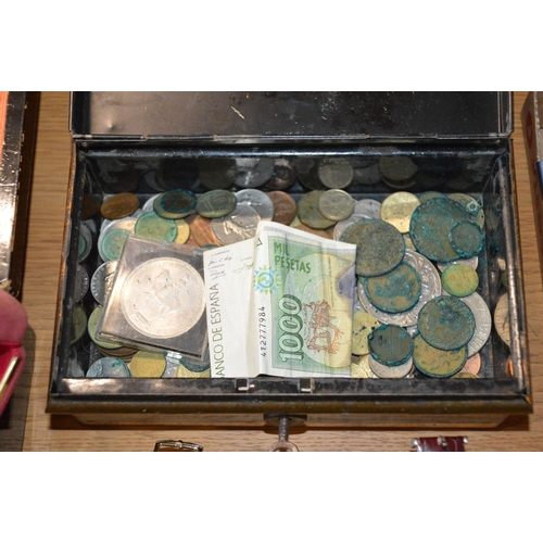 358 - box of various coins & note