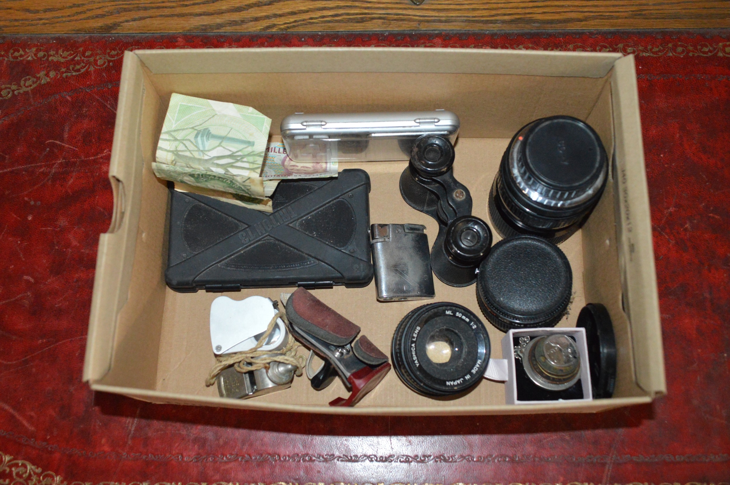 box of lenses, binoculars etc.